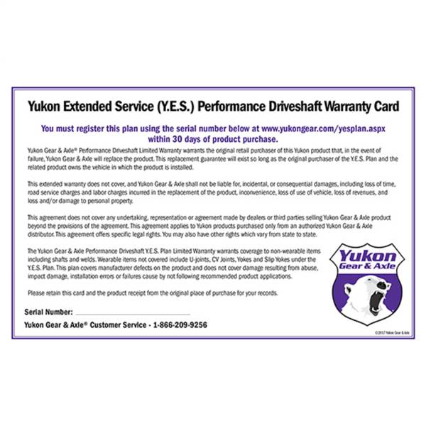 Yukon Gear - Yukon Extended Service plan for Performance Driveshaft - YESDS