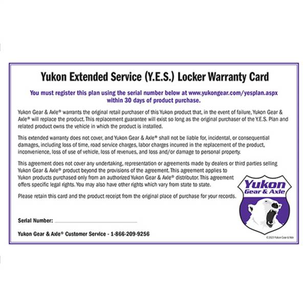 Yukon Gear - Yukon Extended Service plan for Grizzly/Zip Locker. - YESLOCKER
